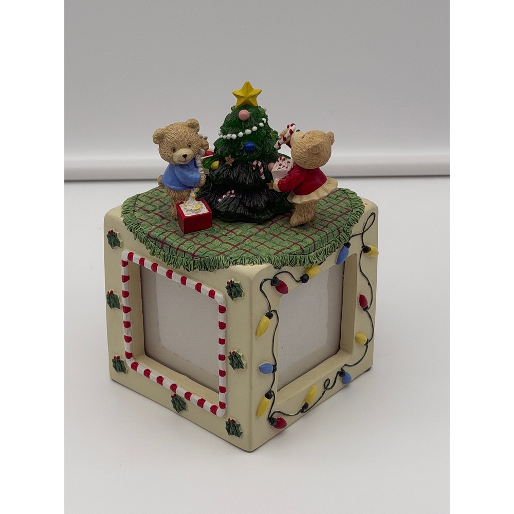 Christmas Teddy Bear Light Up Rotating Photo Cube Figurine Holiday Decor